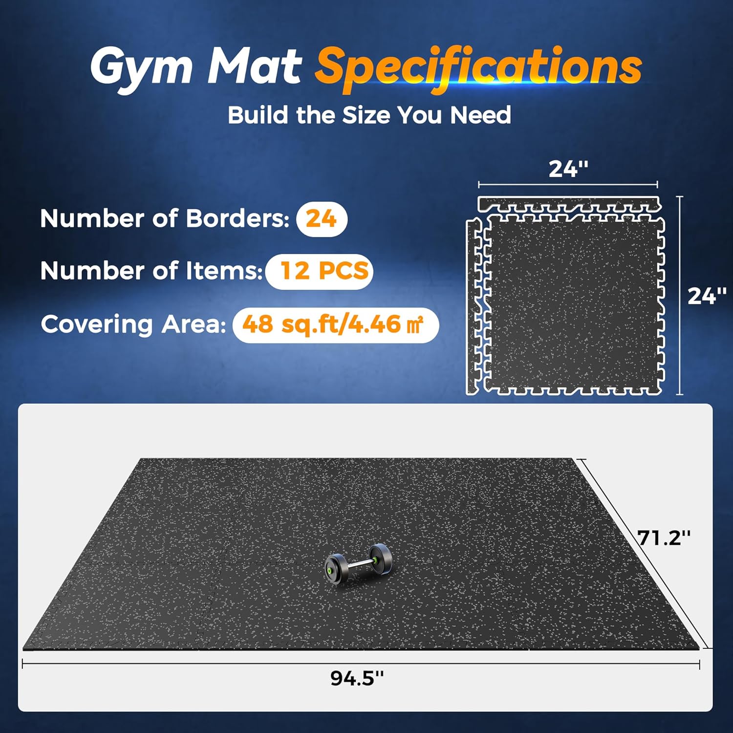 SUPERJARE Extra-Thick Rubber Exercise Mat - Interlocking Gym Flooring, 12 Pcs, 48 Sq Ft, Black/Grey