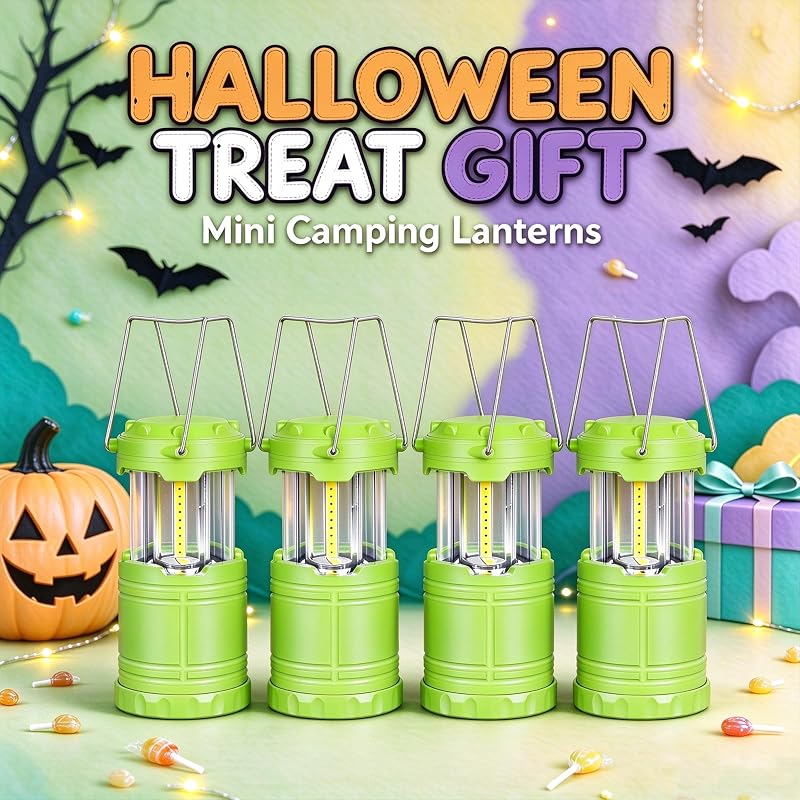 4-Pack Mini LED Green Camping Lanterns - 250 Lumen, 360° COB Light, ABS Portable & Collapsible (Variation: 4)