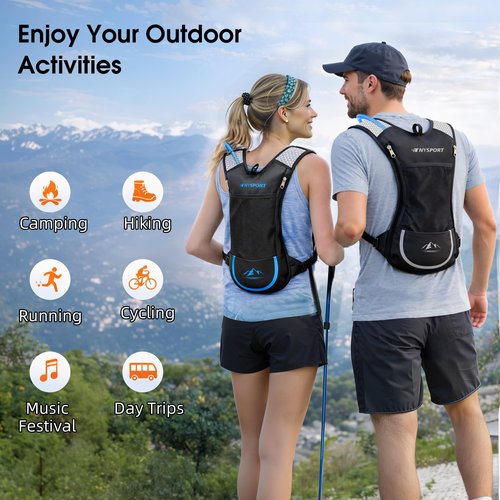 2 Pack Hydration Backpack Pack with 2L Hydration Bladder, TNYSPORT Lightweight Breathable Water Backpack with 3 Layer Pockets, Reinforced Shoulder Straps (Blue & Light Gray)