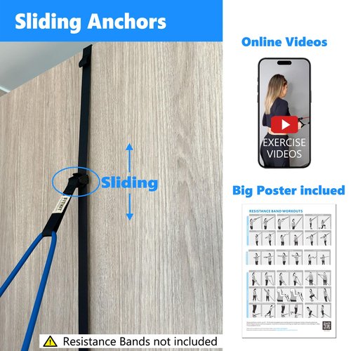 FITKIT Door and Wall Sliding Anchor Straps with Movable Multi Points for Resistance Bands, Workout Attachment for Home Gym, Fits 6-8 ft Doors
