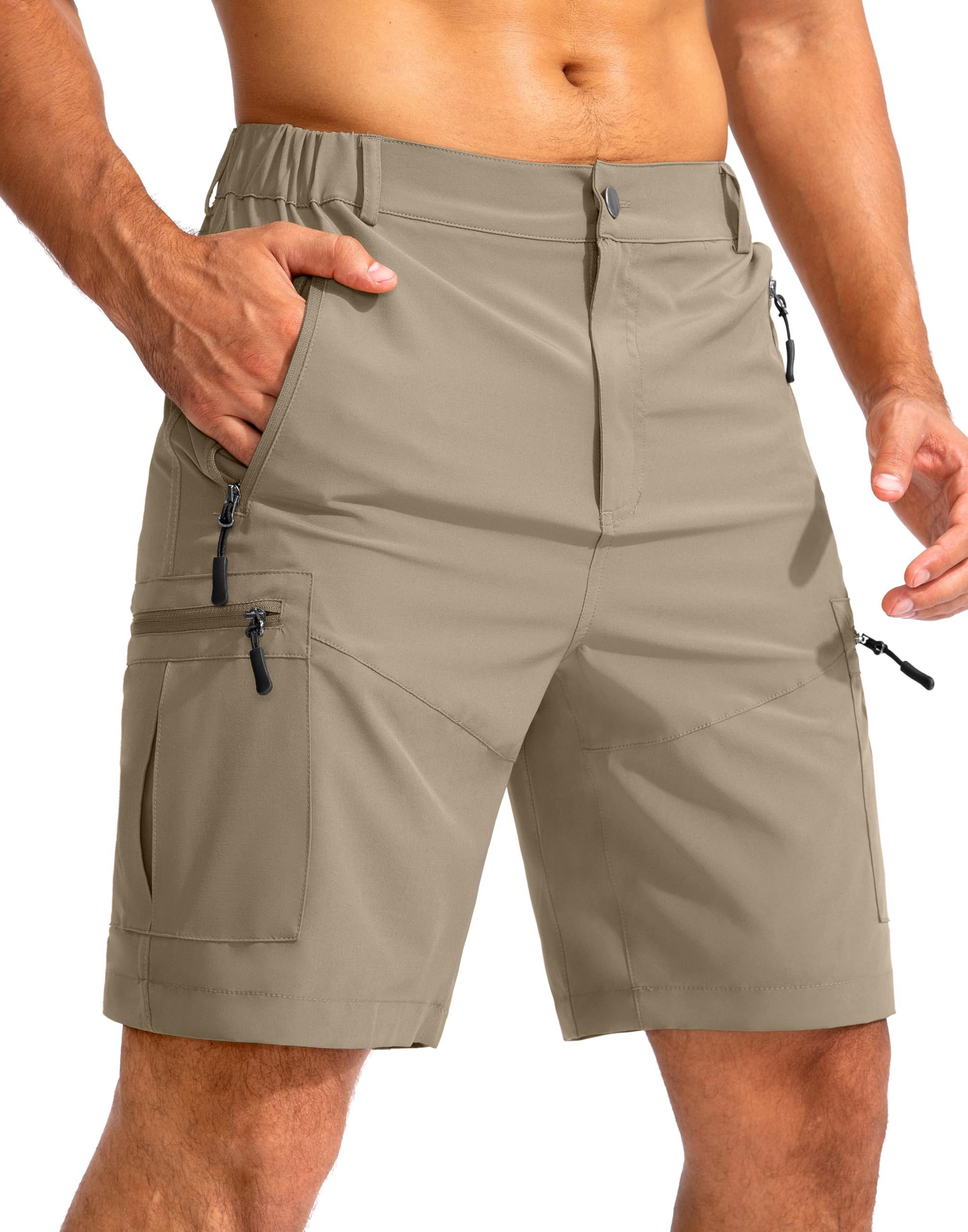 Pudolla Men's Hiking Cargo Shorts 9" Lightweight Outdoor Work Shorts for Men Travel Golf Camping Casual with 5 Zipper Pockets(Dusty Khaki Large)
