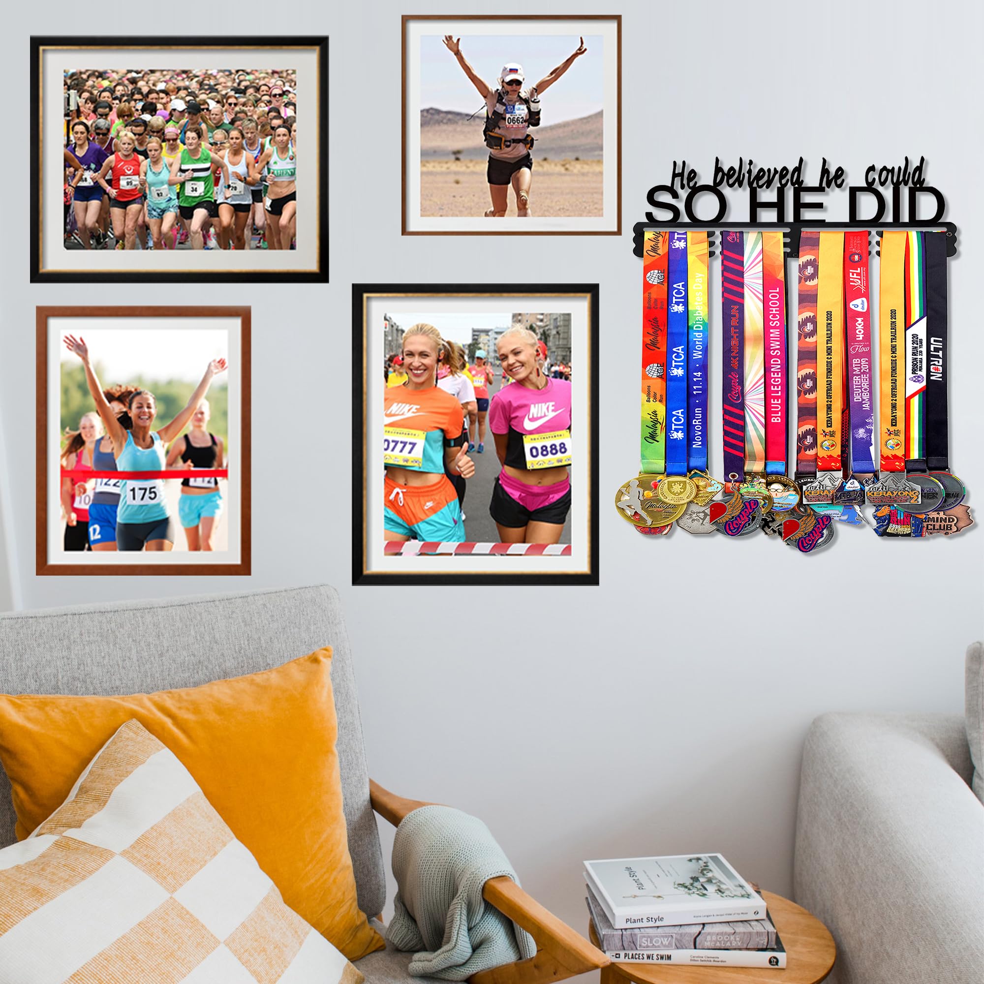 Goutoports Personalized Medal Hanger Display He Believed He Could So He Did | Holds 60+ Medals | Sturdy Black Steel Sports Medal Holder Rack for Men & Boys | Inspirational Gift for Athletes