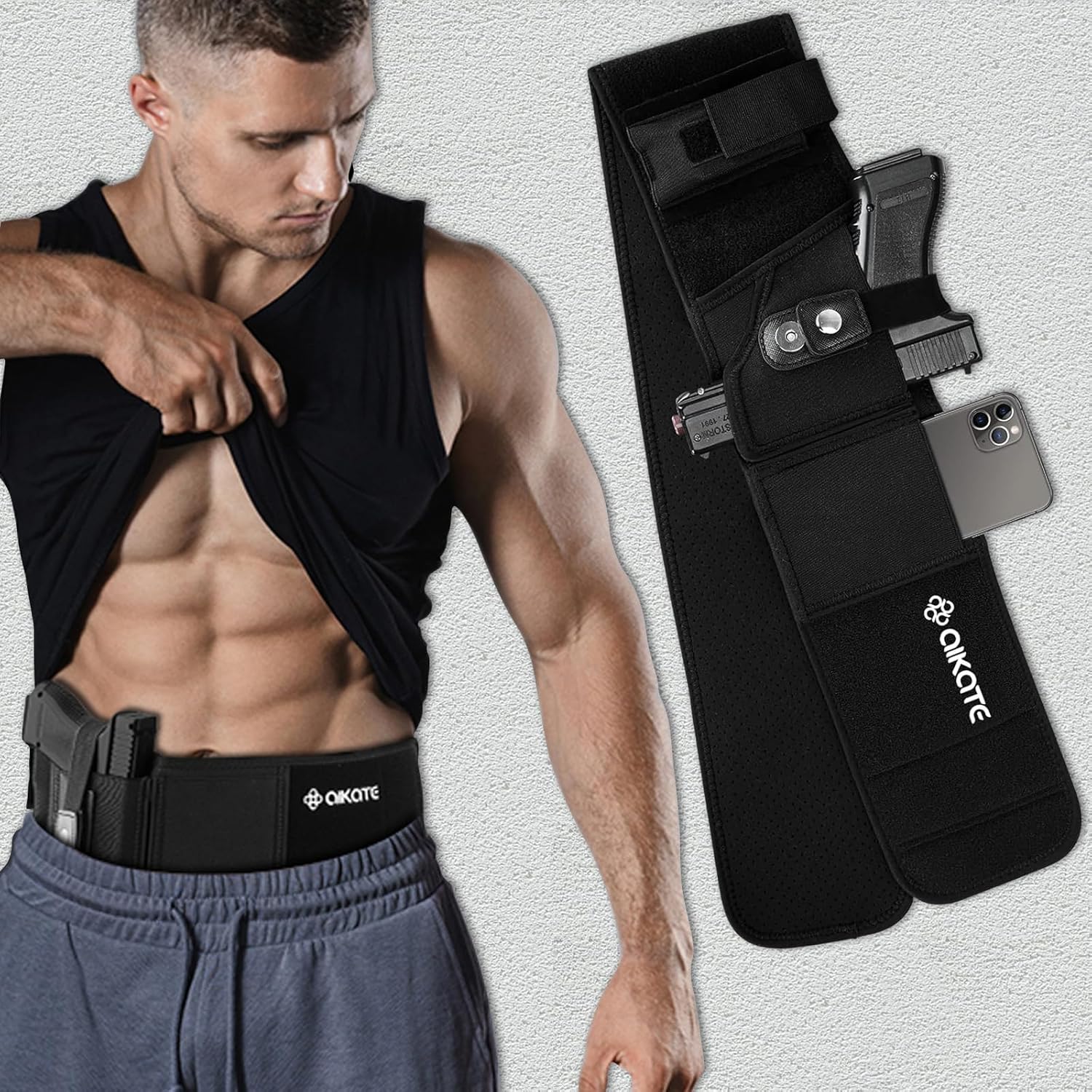 AIKATE Belly Band Holster - Upgraded Concealed Carry Solution for Glock 19, 17 & S&W M&P Shield 9MM