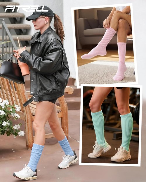 FITRELL Knee High Slouch Socks for Women - 3 Pairs of Soft Cotton Scrunch Tube Socks