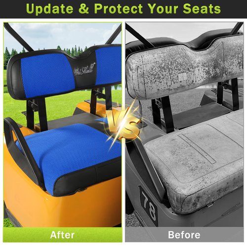 WEIMELL Golf Cart Seat Covers for EZGO TXT 1994-2013 Front Seat Covers Thicken Breathable Mesh with Vinyl Leather Fits OEM Ordinary Cushion Covers No Nail Gun Easy to Install Black & Blue