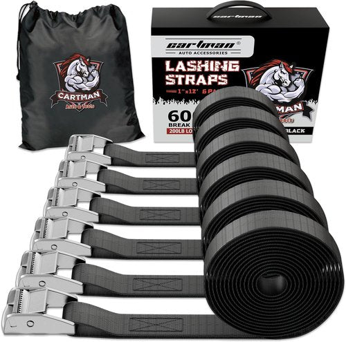Cartman Lashing Straps - Heavy-Duty Cargo Tie-Down Straps Up to 600lbs | 12' Length, 6-Pack in Black Carry Bag