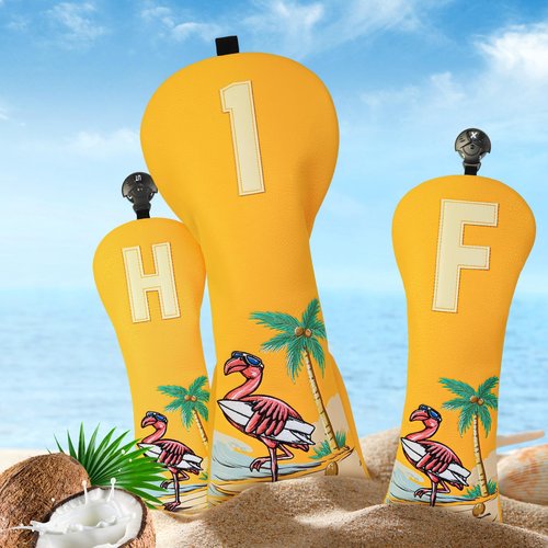 LZFAN Golf Club Covers Surfing Flamingo for Woods and Drivers Funny Hybrid UT Headcover Golf Gifts for Men Women Coconut Tree Embroidery (Hybrid)
