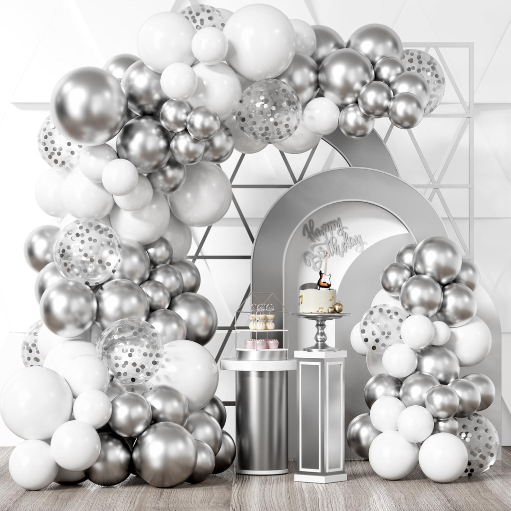 Bezente White Silver Balloon Garland Kit,100Pcs White Silver Metallic Chrome and Silver Confetti Balloons with Balloon Tape for Winter Wonderland Wedding Prom Special Events Party Winter Decor