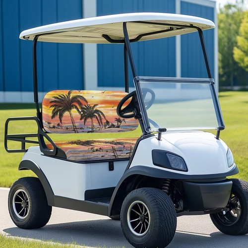 Renewold Women Men Golf Cart Seat Towel Blanket and Backrest Cover 2 Pack Set Elastic Cushion Covers Universal Fit Most 2 Person Seats Decor Accessories Coconut Tree Sunset Birds