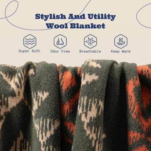 ACUSHLA Merino Wool Blanket - Soft Warm Thick Washable Large Throw Blanket for Camping Bed Couch Outdoor Travel All Weather, Navajo Style Green 79X63