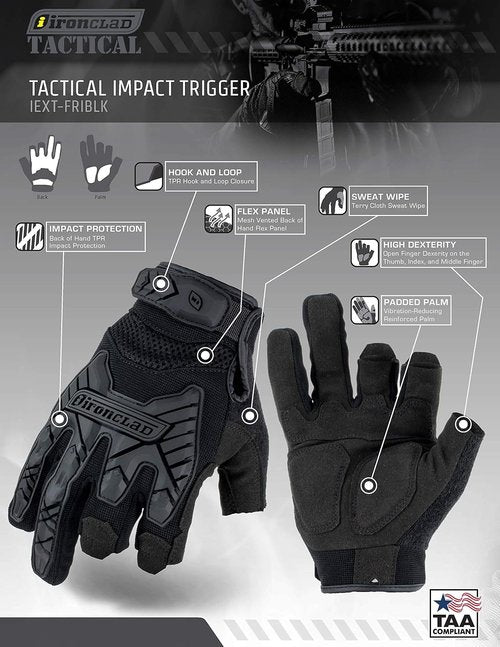 Ironclad Tactical Gloves - Impact Trigger Design | TAA Compliant for Military & Law Enforcement | Machine Washable, Black, Size Medium