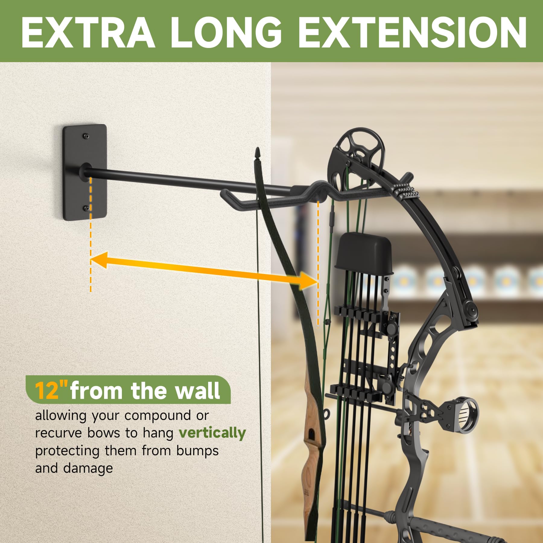 Bow Wall Hanger for Compound/Recurve Bows - Heavy Duty Steel Compound Bow Rack Wall Mount, 22LBS Capacity Recurve Bow Rack for Wall with Composite Padding, 2 Bow Vertical Storage Archery Bow Holder