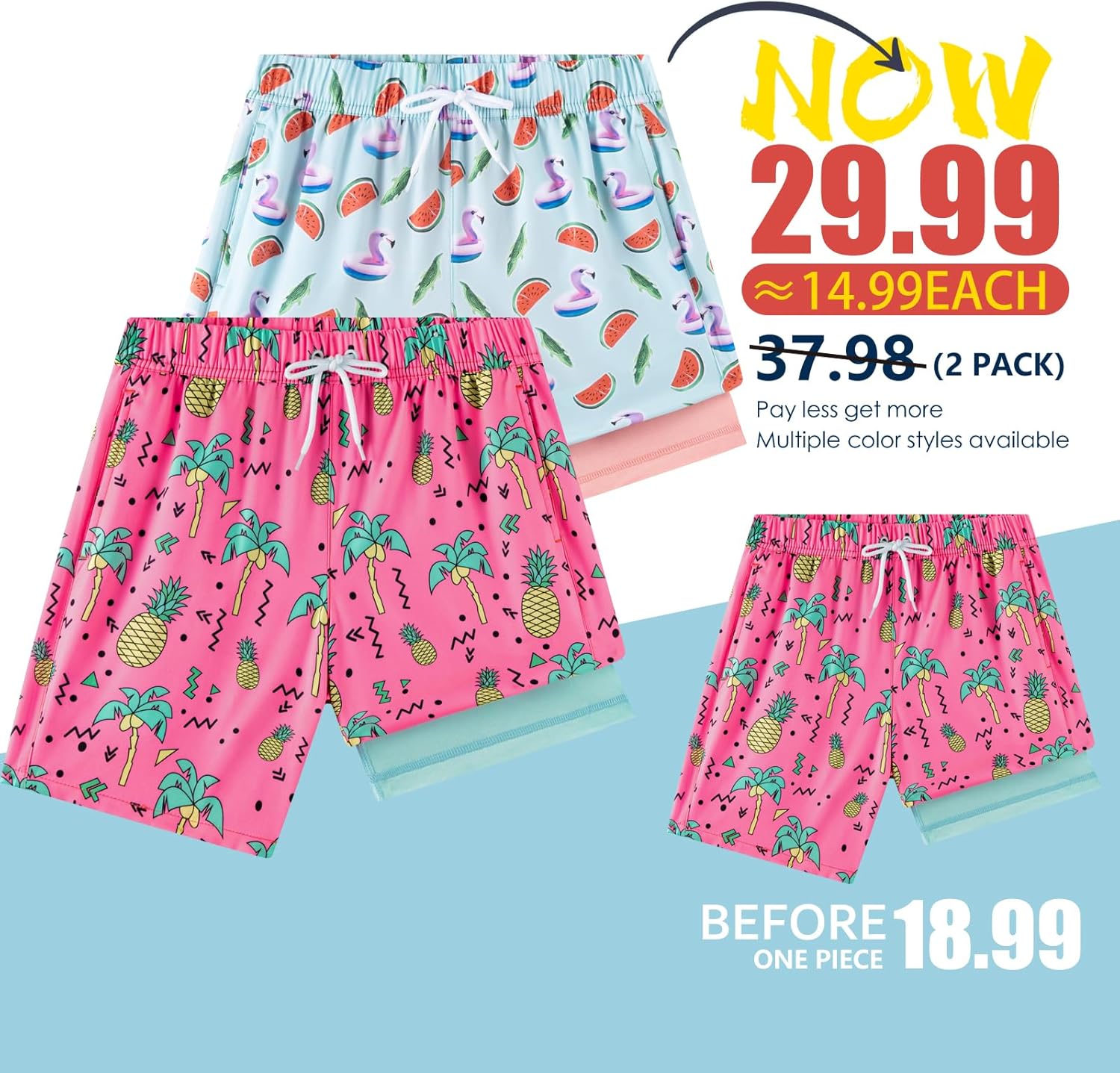 Skiennix Boys Swim Trunks - UPF 50+ Bathing Suit with Compression Liner | 1-3 Pack for Ages 5-16
