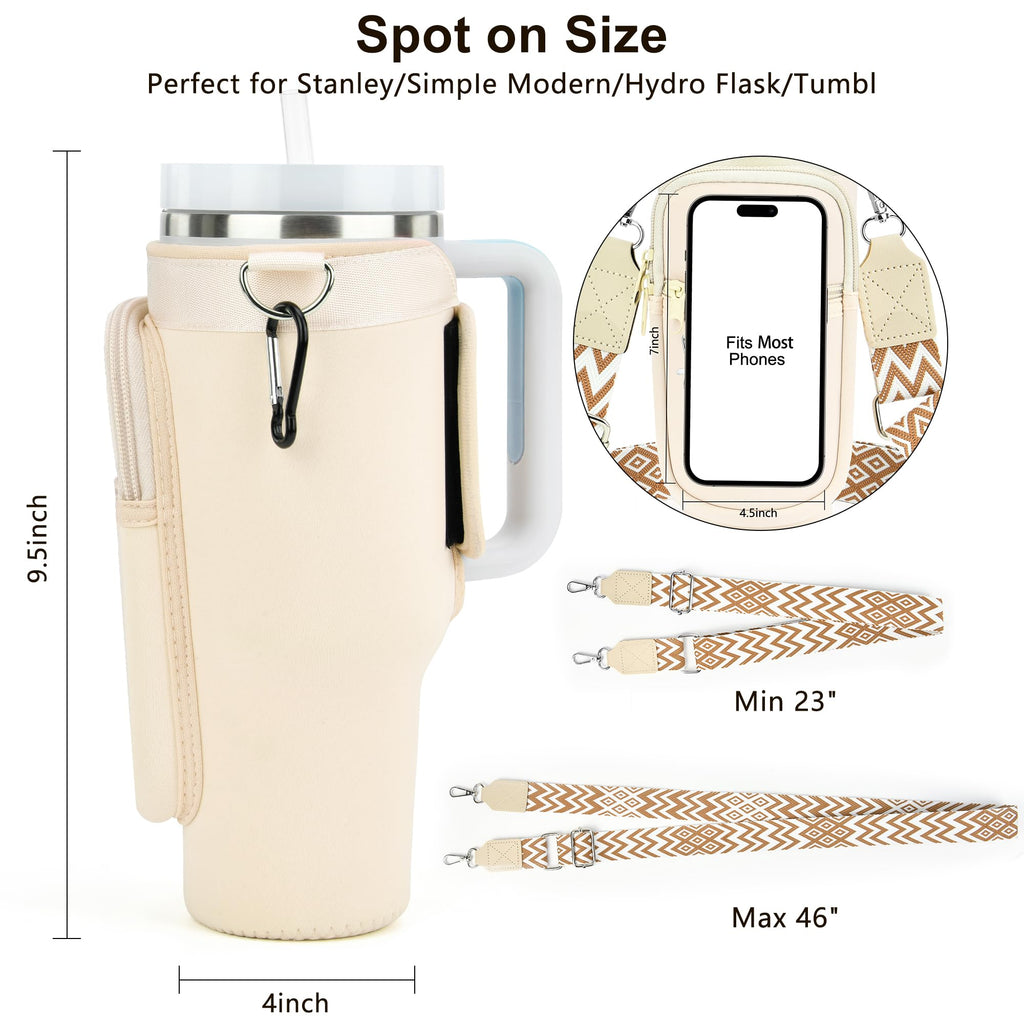 LOKASS Personalized Water Bottle Holder with Strap for Stanley Cup Accessories 40 oz, Initial Stanley Cup Holder Carrier Bag with Phone Pocket, Stylish Tumbler Accessories for Everyday Carry, Beige G
