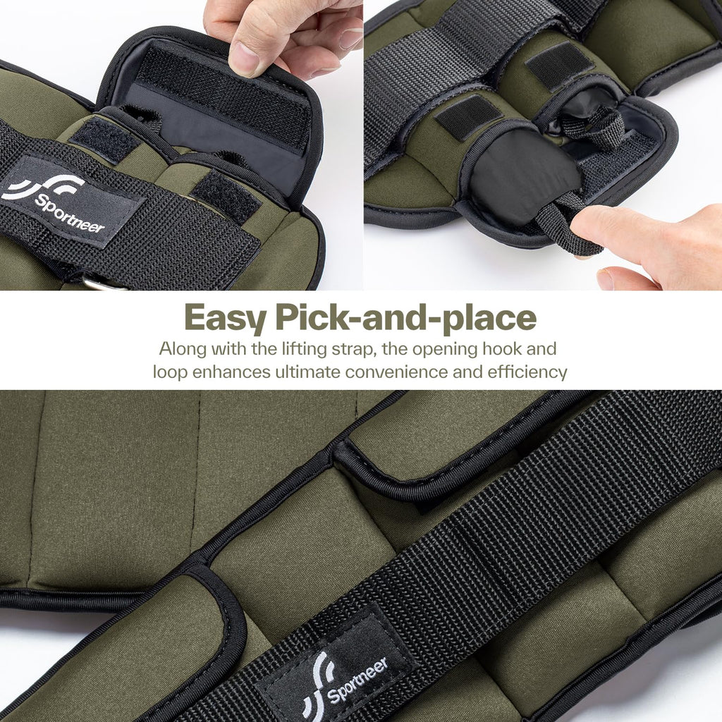 Sportneer Adjustable Ankle Weights for Women and Men：1 Pair 1 2 3 4 6 7 8 10 lbs Upgraded Easily Adjustable Leg Weight, Weighted Wrist Weight Strap for Gym, Fitness, Workout, Walking, Dancing (Army Green, 5 lbs x 2)