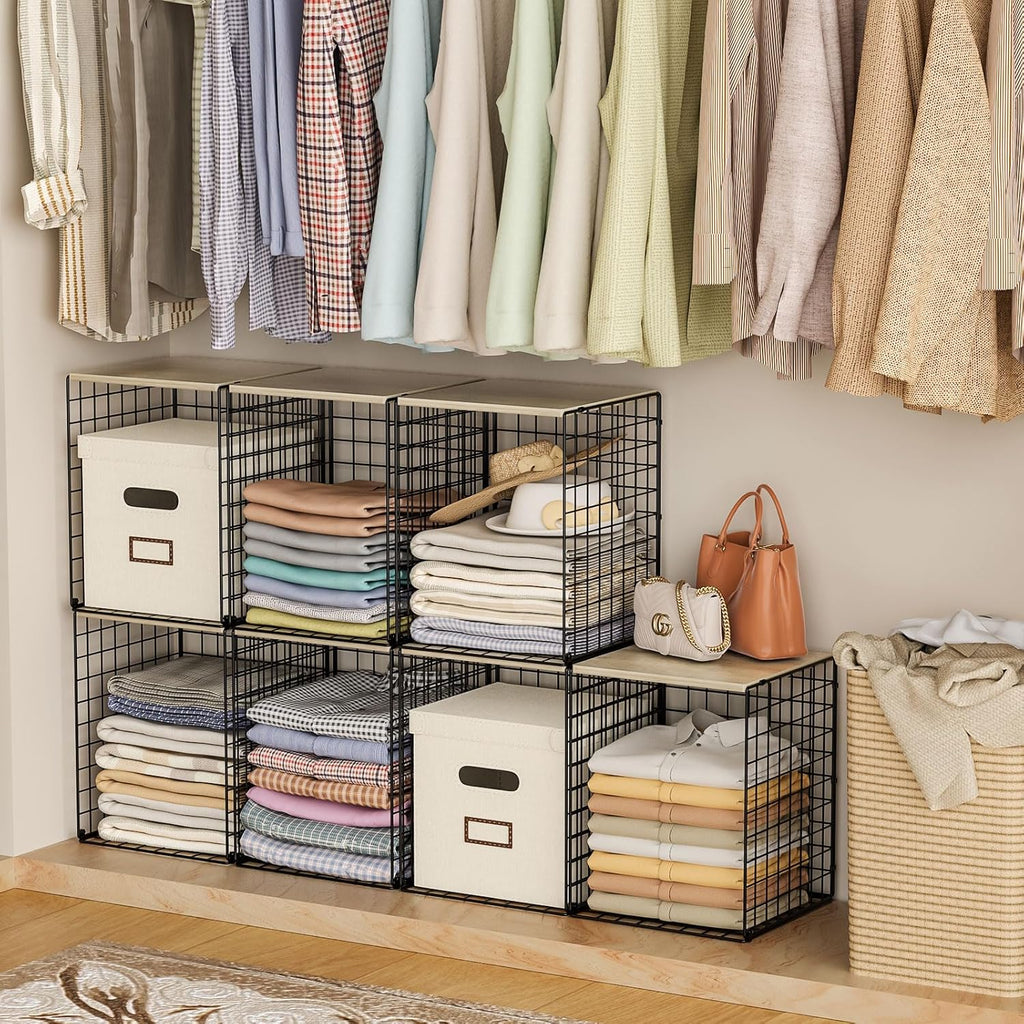 Skiennix Closet Organizers - Set of 3 Stackable Wire Storage Bins with Wood Top | Sturdy Metal Design in Black