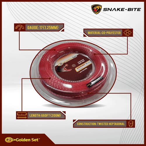 Golden Set Snake-Bite Polyester Tennis String (Red, 17 Gauge Reel (660ft/200mm)