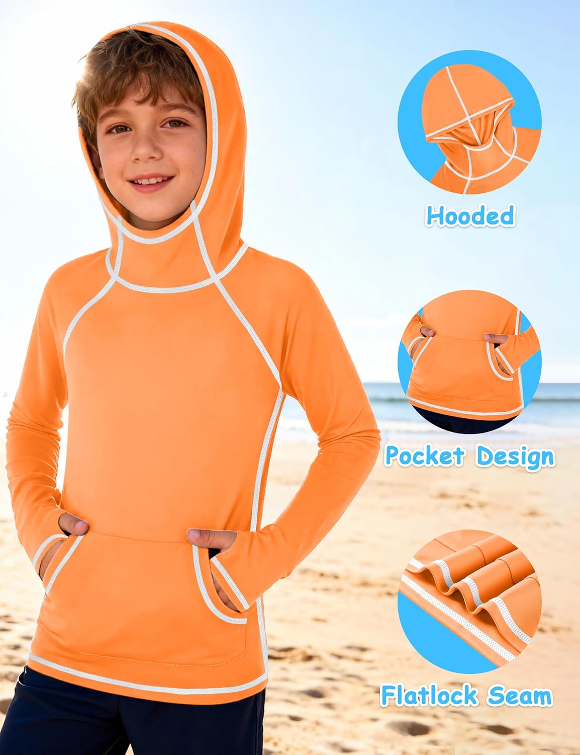 Skiennix Boys Rash Guard Hoodie - Long Sleeve Kids Swim Shirt with UPF 50+ Sun Protection | Pocket Included