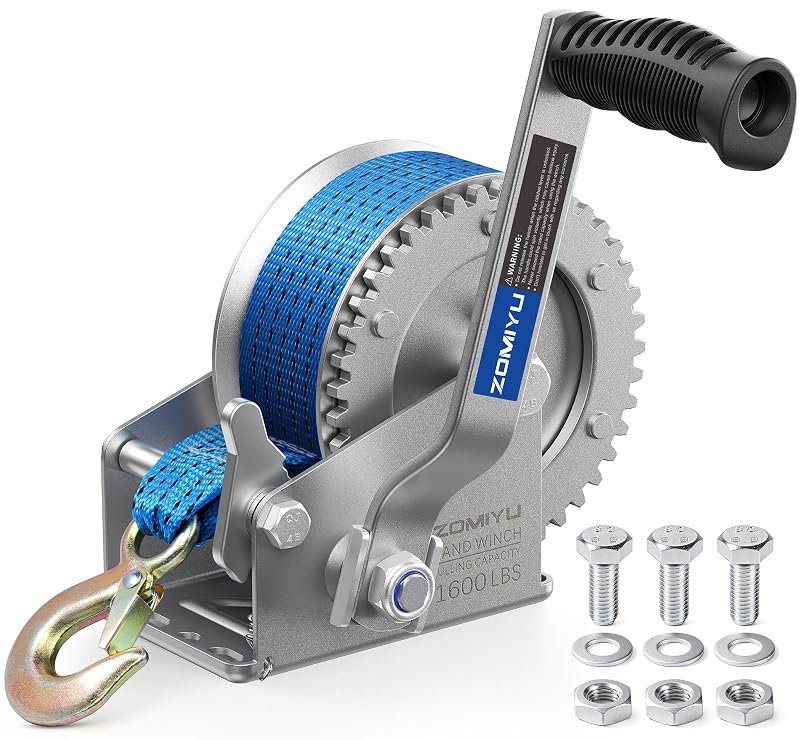 1600 lb Boat Trailer Winch with Strap - Hand Winch for Boat, ATV