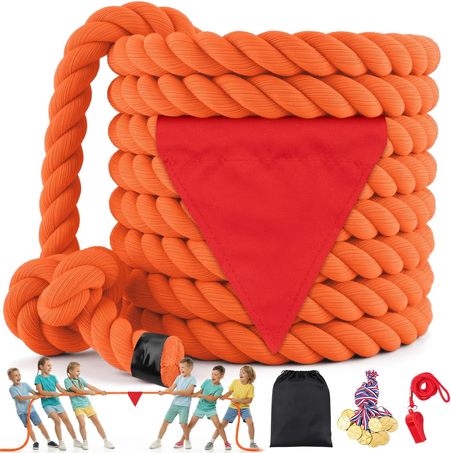 Skiennix Tug of War Rope - 20ft Soft Cotton Outdoor Pulling Rope with Flag for Family Fun | Orange