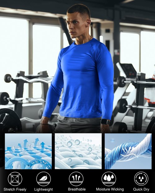 RIKUAOU Men's Long Sleeve Compression Shirt, Quick Dry Athletic Base Layer Top, Skins Fit Football Running Workout Undershirt Royal Blue