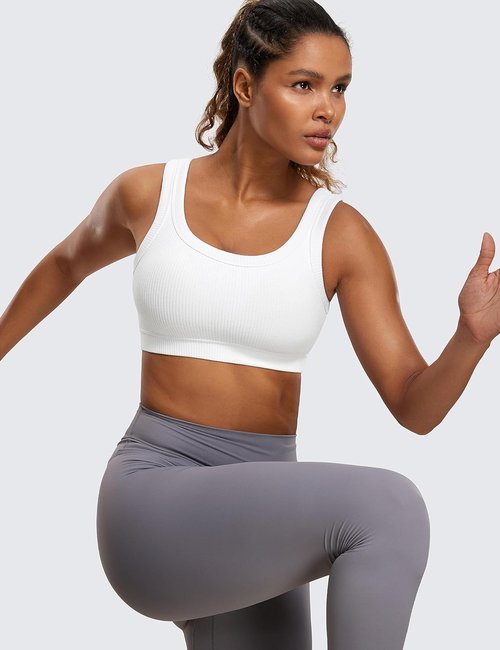 CRZ YOGA Ribbed Sports Bra - U Back Wireless Medium Impact Padded Yoga Cami for Women
