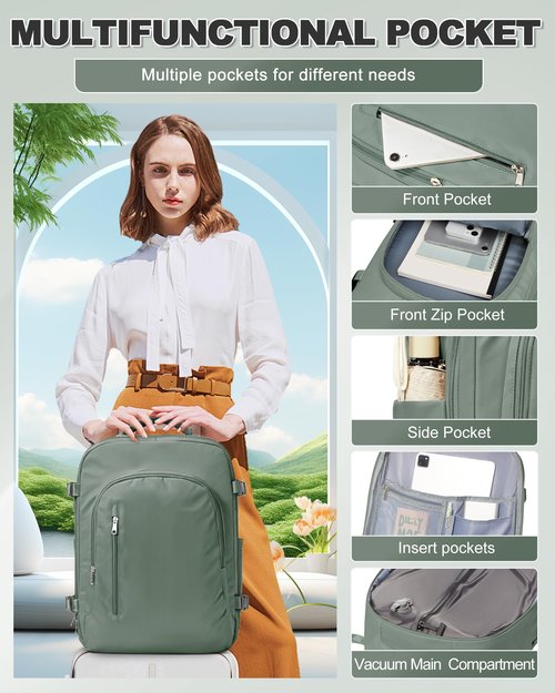 VGCUB Travel Vacpack Backpack with Vacuum System Electric Pump Storage Compression Carry on 18x14x8 Inches Personal Item Bags Work Business Waterproof College Backpack for Women Men Army Green