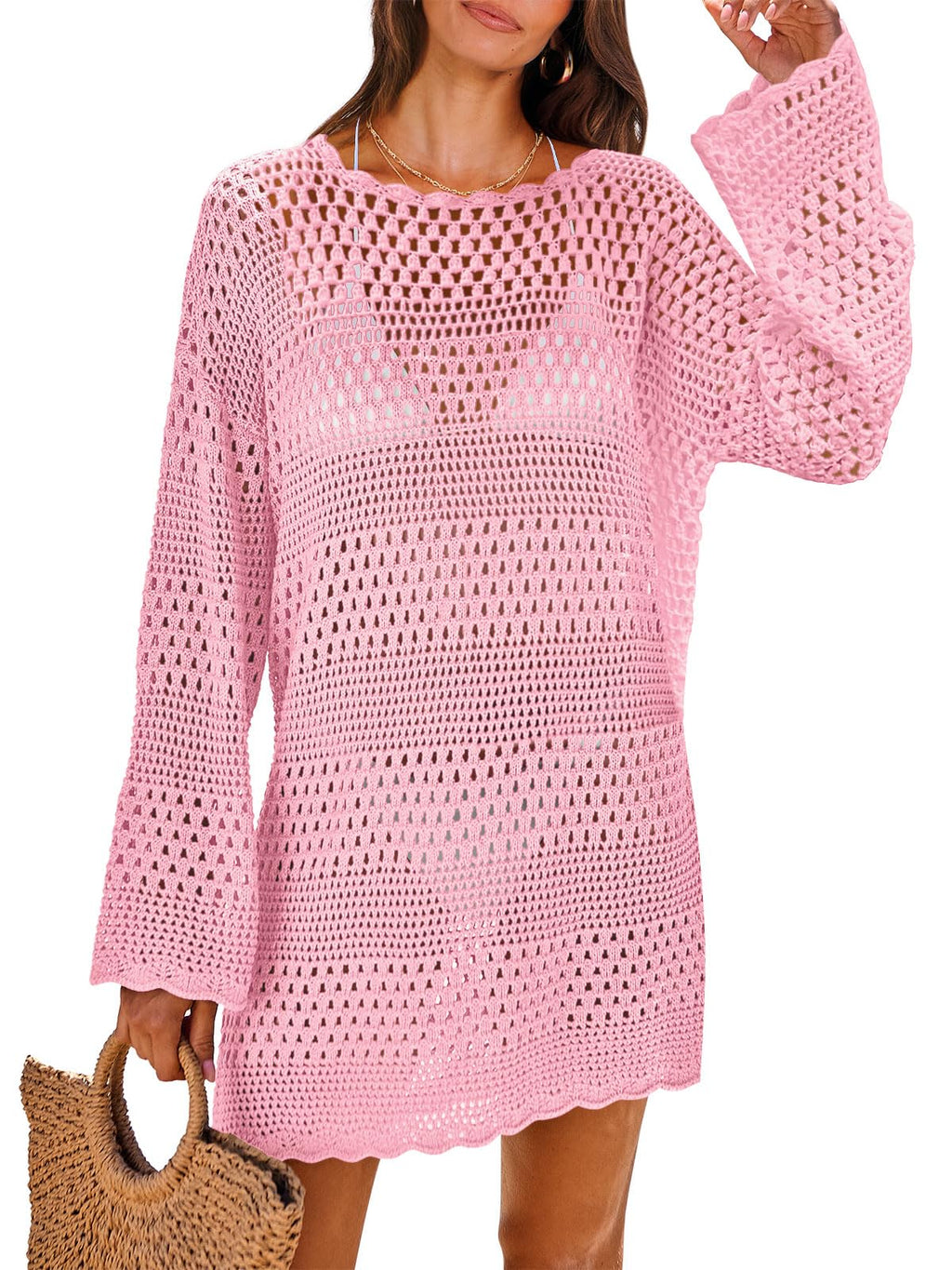 ANRABESS Women Swimsuit Crochet Swim Cover Up 2026 Summer Bathing Suit Swimwear Mesh Knit Beach Dress Vacation Outfits Light Pink XX-Large