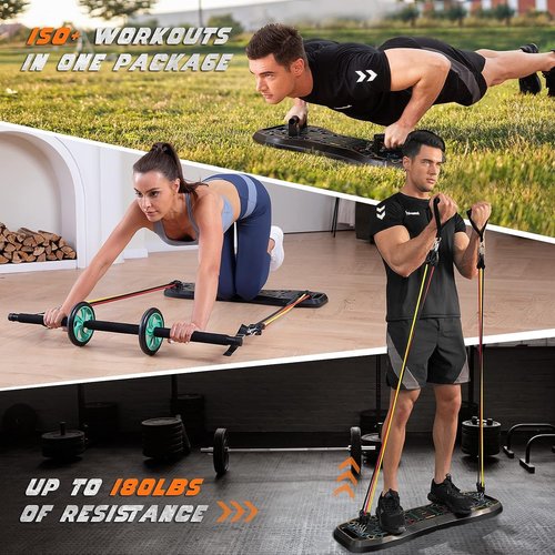 LALAHIGH Portable Home Gym System: Large Compact Push Up Board, Pilates Bar & 20 Fitness Accessories with Resistance Bands Ab Roller Wheel - Full Body Workout for Men and Women, Gift for Boyfriend