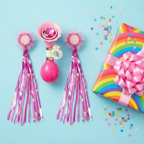 Kids Bicycle Horn and Handlebar Streamers Set - 1 Bike Horn + 2 Pink Handle Streamers Kit for Children Bike Accessories