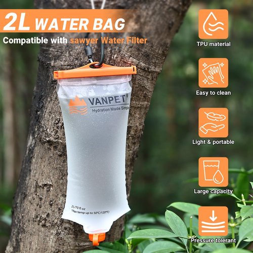 VANPET Upgrade Water Bag 2L Compatible with Sawyer Squeeze Water Filter, Durable TPU Material, BPA & PVC Free Squeeze Pouch, Collapsible Hydration Canteens for Camping Hiking Cycling (1 Pc)
