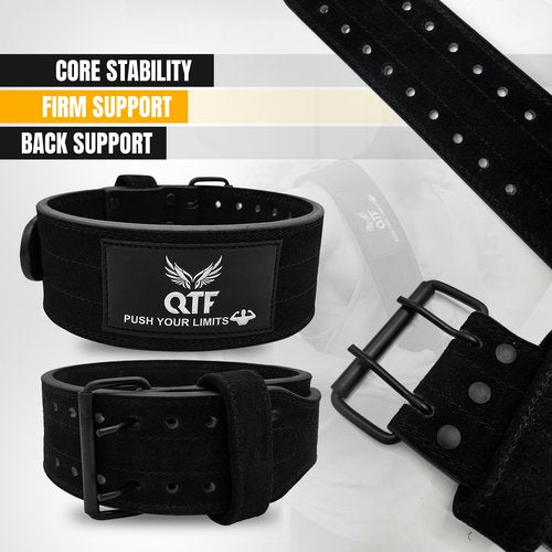 QTF Weight Lifting Belt Gym Exercise Workout, 4 inch Sued-Leather-Belt Padded Lumbar Back Support Men Women, 9 double Adjustable Holes, Powerlifting Bodybuilding Deadlift, Squat Fitness Strength Training Belt (Black, Large)