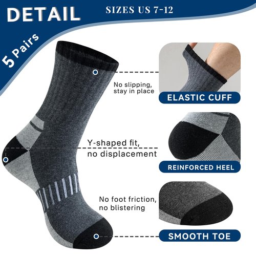Josnown Thermal Hiking Socks Men 5 Pairs Warm Winter Thick Cushion Moisture Wicking Crew Boot Socks for Men, Size 7-12