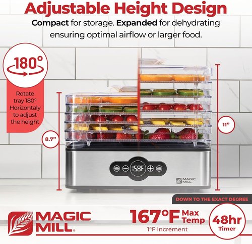 Magic Mill Food Dehydrator Machine - 5 Stackable Stainless Steel Trays, 48H Digital Timer & Adjustable Temp Control Up to 167° for Jerky, Fruits & Dog Treats