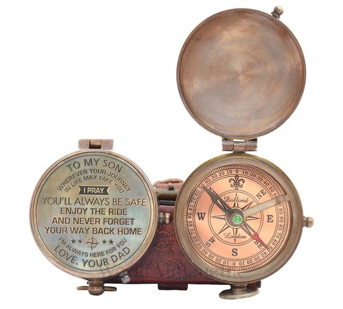 WOANIN Engraved Brass Compass Gift to My Son/to Our Son/Nautical Gift for Son from Dad/Gift to Son from Mom A Perfect and Unique Gift with Leather Case (A for Son from Dad)