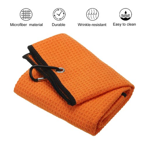 PATIKIL 20"x16" Tri-fold Golf Towel, 2 Pack Microfiber Waffle Pattern Towels Absorption Soft Towel with Aluminum Clip for Golf Bags and Club, Orange