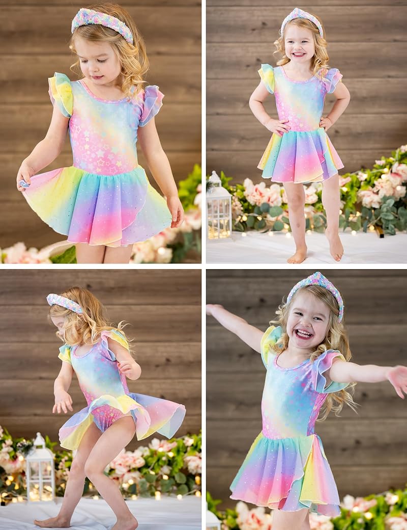 Rainbow Star Variation: Arshiner Girls Ruffle Sleeve Ballet Leotard Dress Tutu Skirt