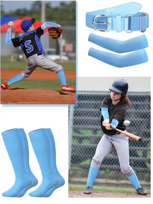 ROLVNHTV 4 Pack Light Blue Baseball Belt and Socks with Arm Sleeve Softball Arm Sleeve UV Protection Compression Light Blue Sleeves Cooling Adjustable Elastic Men's Baseball Belts for Men