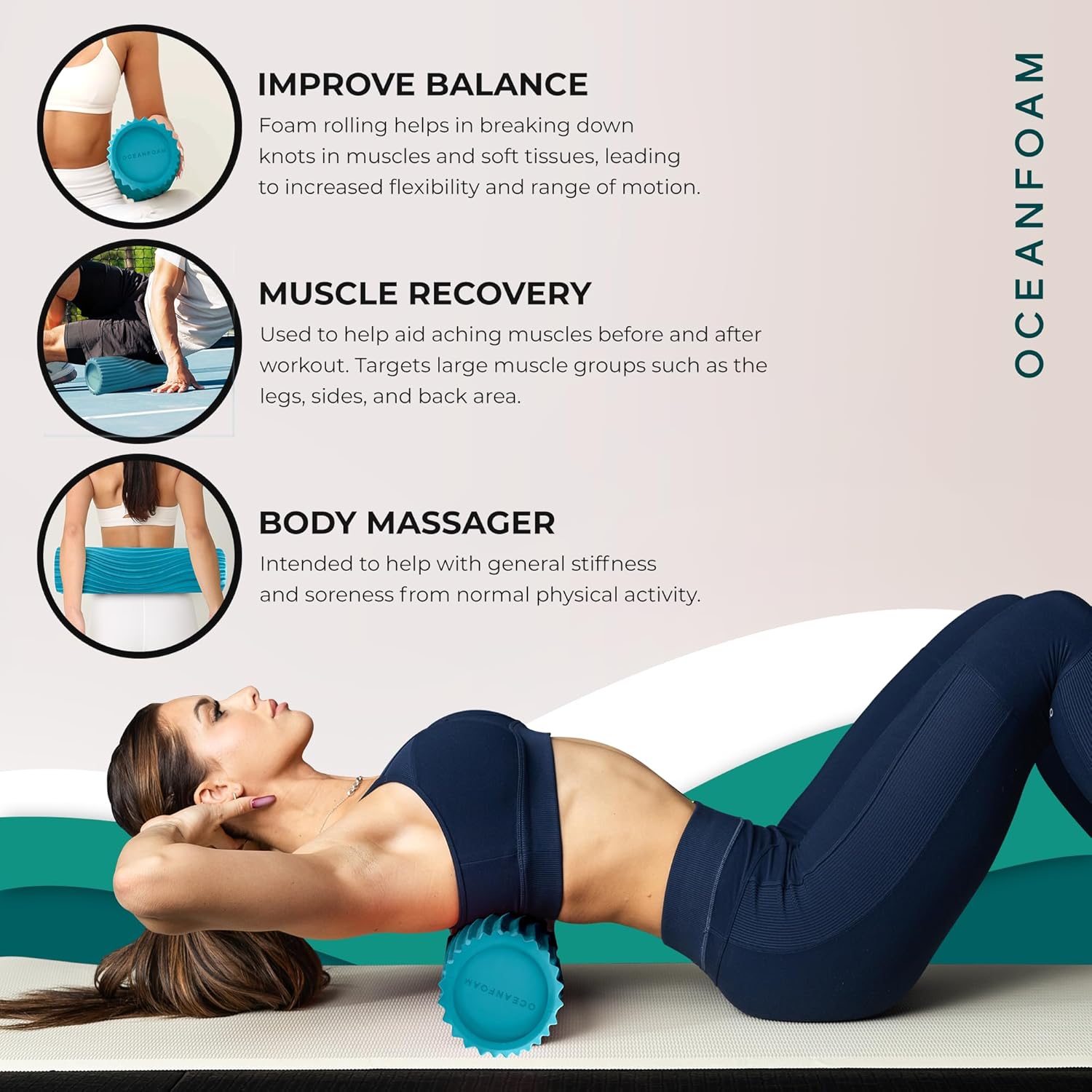 Oceanfoam Soft Tidal Roller - Miami Blue Low Density Foam Roller for Therapy & Exercise | 20" x 5" Wave Textured