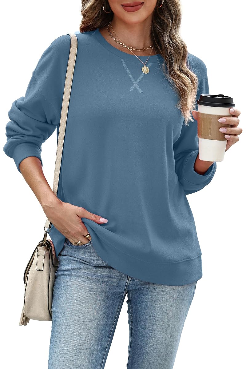 Dusty Blue Medium RUMIA Women's Crew Neck Sweatshirt - Long Sleeve Top
