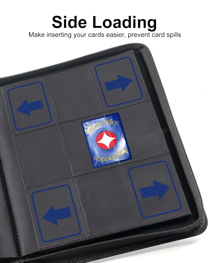 GEAoffice 9-Pocket Card Binder - 576 Card Capacity, Side-Loading PU Zip Binder with Handle (Black)