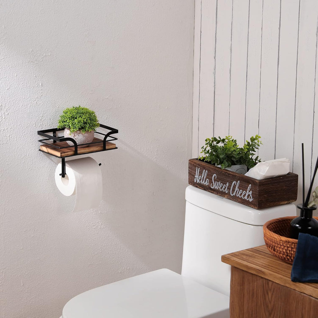 Rustic Farmhouse Toilet Paper Holder | Stylish Bathroom Organizer with Shelf - Warm Brown Wood & Black Metal
