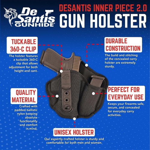 Desantis Inner PIECE 2.0 Gun Holster, Padded Ballistic Nylon, Handcrafted Concealed Carry Holster, Fits COLT Officer, Glock 42, 43, KAHR, 9MM/40CAL, and More, Right-Hand Draw, Black