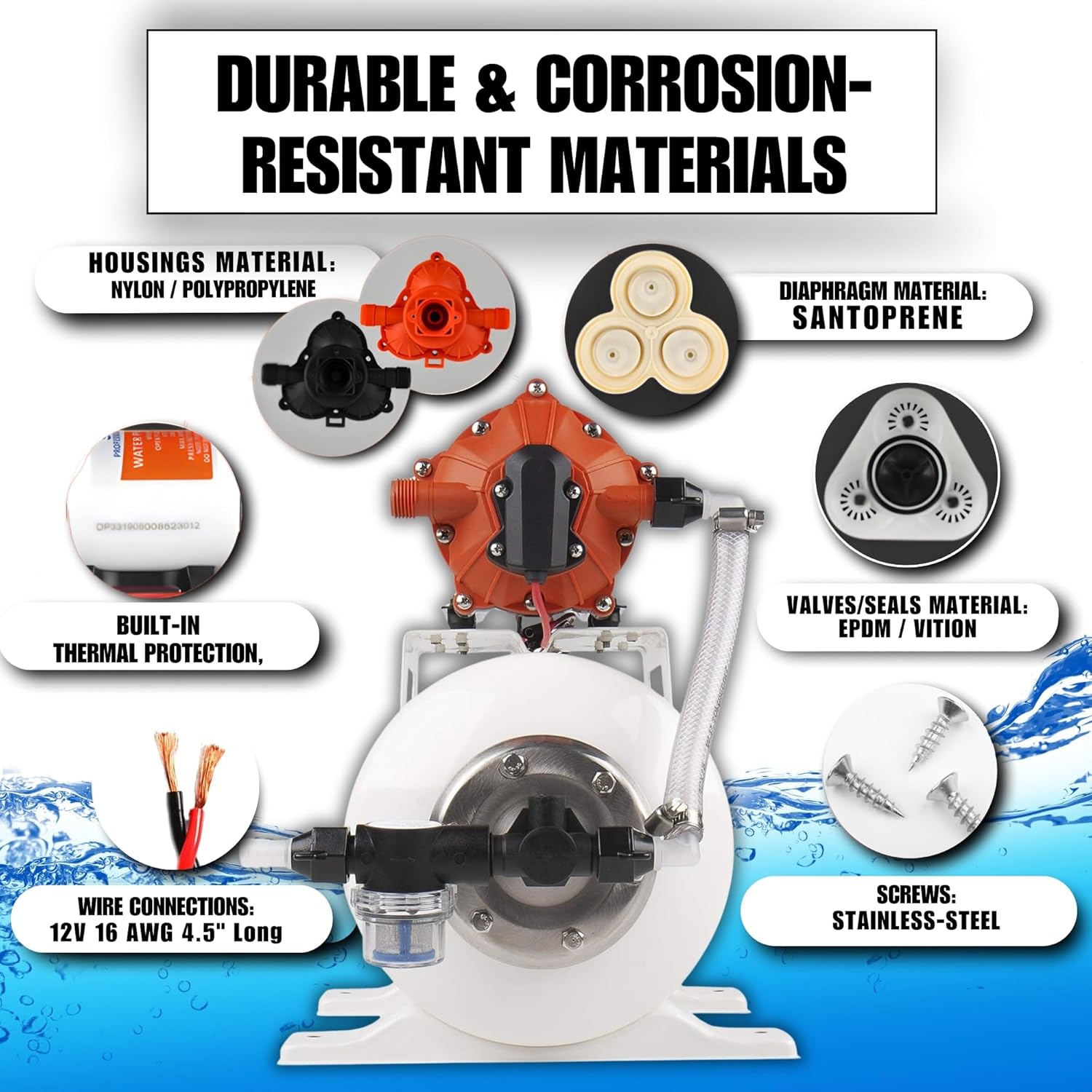 SEAFLO Marine Water Pump - 12V DC 60 PSI 5.5 GPM with 2 Gallon Accumulator Tank | Quiet Operation & 4-Year Warranty