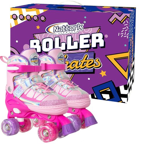Nattork Roller Skates for Kids Boys Girls, 4 Size Adjustable Rollerskates with Light Up Wheels for Children Beginners for Outdoor Indoor Rosy