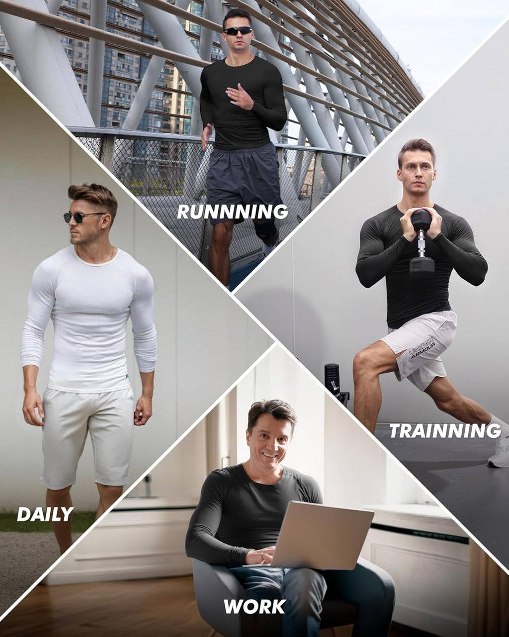Skiennix Long Sleeve Compression Shirts for Men - Black Quick-Dry Base Layer for Gym & Running | 5 Pack