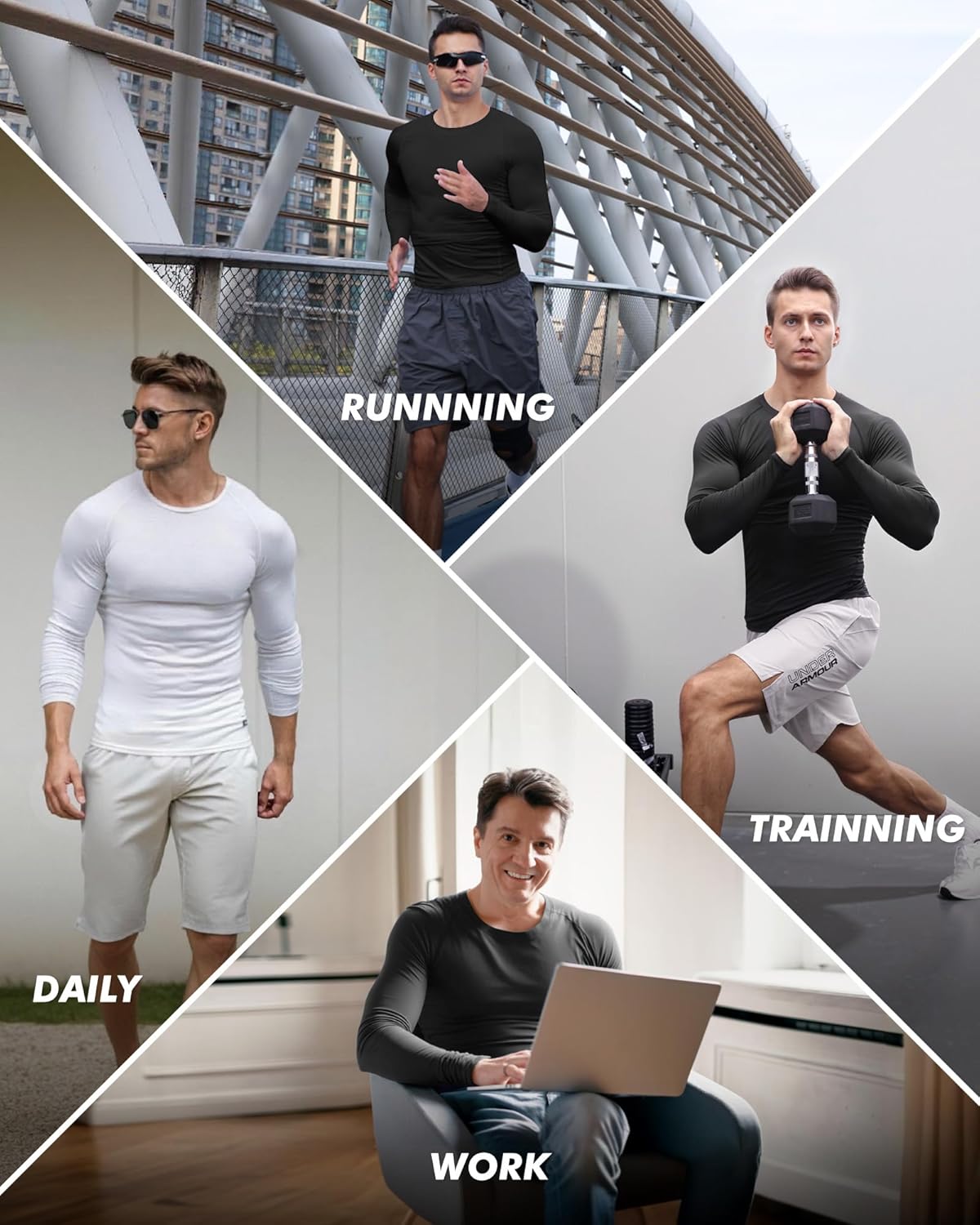 Skiennix Long Sleeve Compression Shirts - 5 Pack Black Quick-Dry Base Layer for Athletic Gym Wear