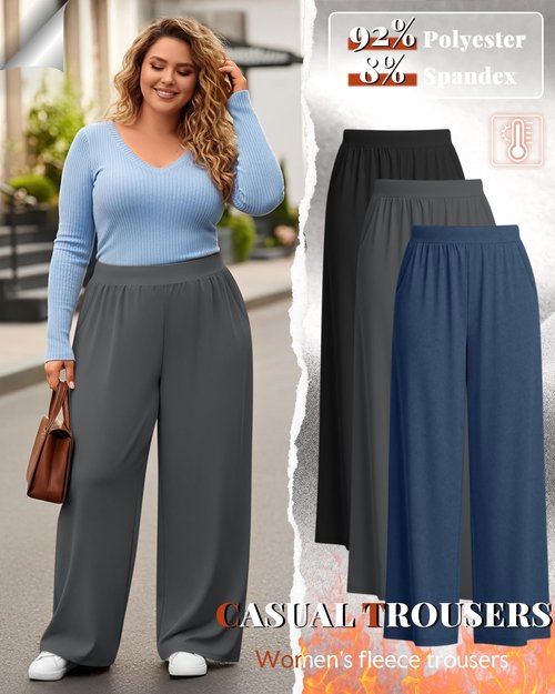 Velvelhall 3 Pack Women's Plus Size Fleece Sweatpants Wide Leg Thermal Lounge Pants Pockets Elastic Waist Warm Trouser Jogger(Black, Dark Gray, Dark Blue,3X-Large)