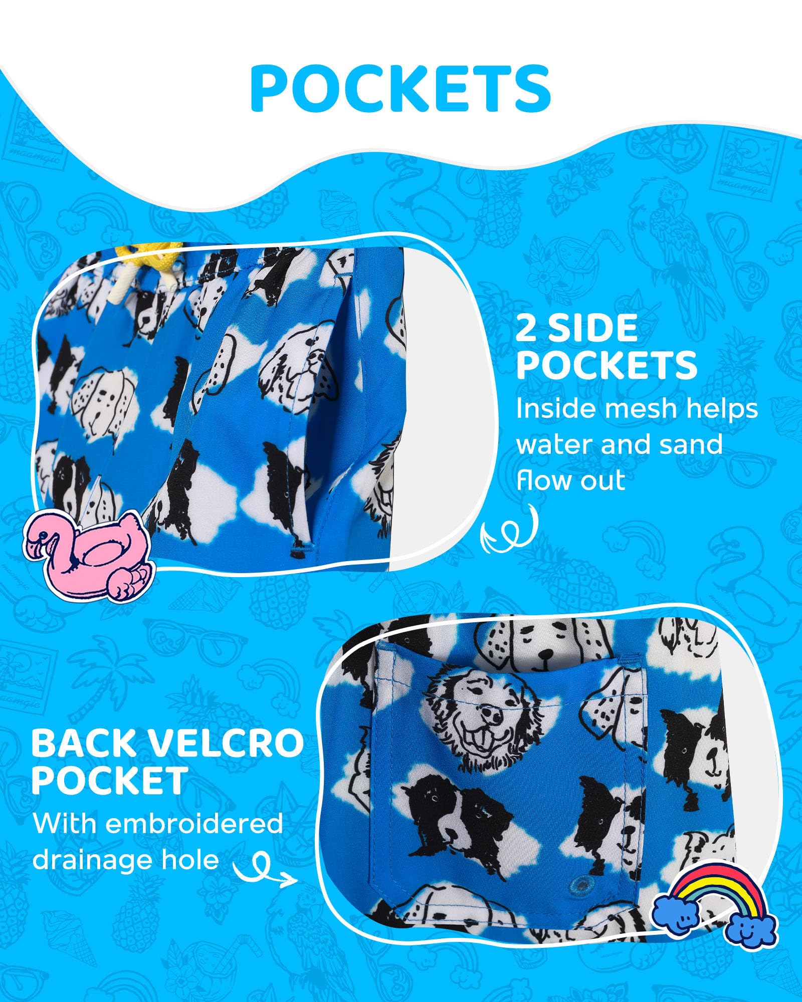 maamgic Boys Swim Trunks with Compression Liner Toddler Boy Swimsuit Quick Dry 4-Way Stretch Swimming Trunks Lovely Doggy Blue 2T