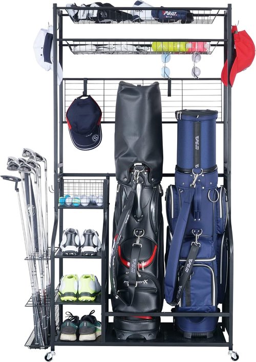 Mythinglogic Golf Bag Storage Organizer - 2-Bag Stand with 4 Removable Hooks | Golf Equipment Rack